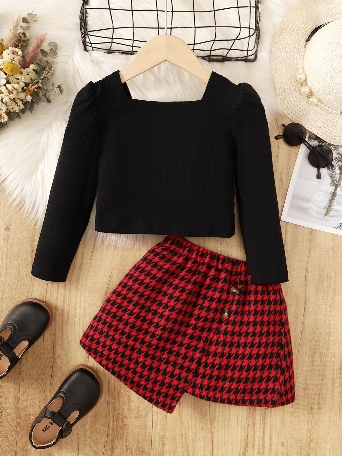 2-7Y Ready Stock Kids Girls Skirts Sets Knitted Long Sleeve Pure Color Tops Asymmetrical Houndstooth Skirts Spring Autumn 2Pcs Clothing From 2Y-7Y Black Catpapa  462308161