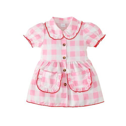 3-24M Ready Stock Baby Girls Dress Checker Print Doll Collar Bubble Sleeve Pocket Dress One Piece Sund Dress Pink Catpapa 312302013