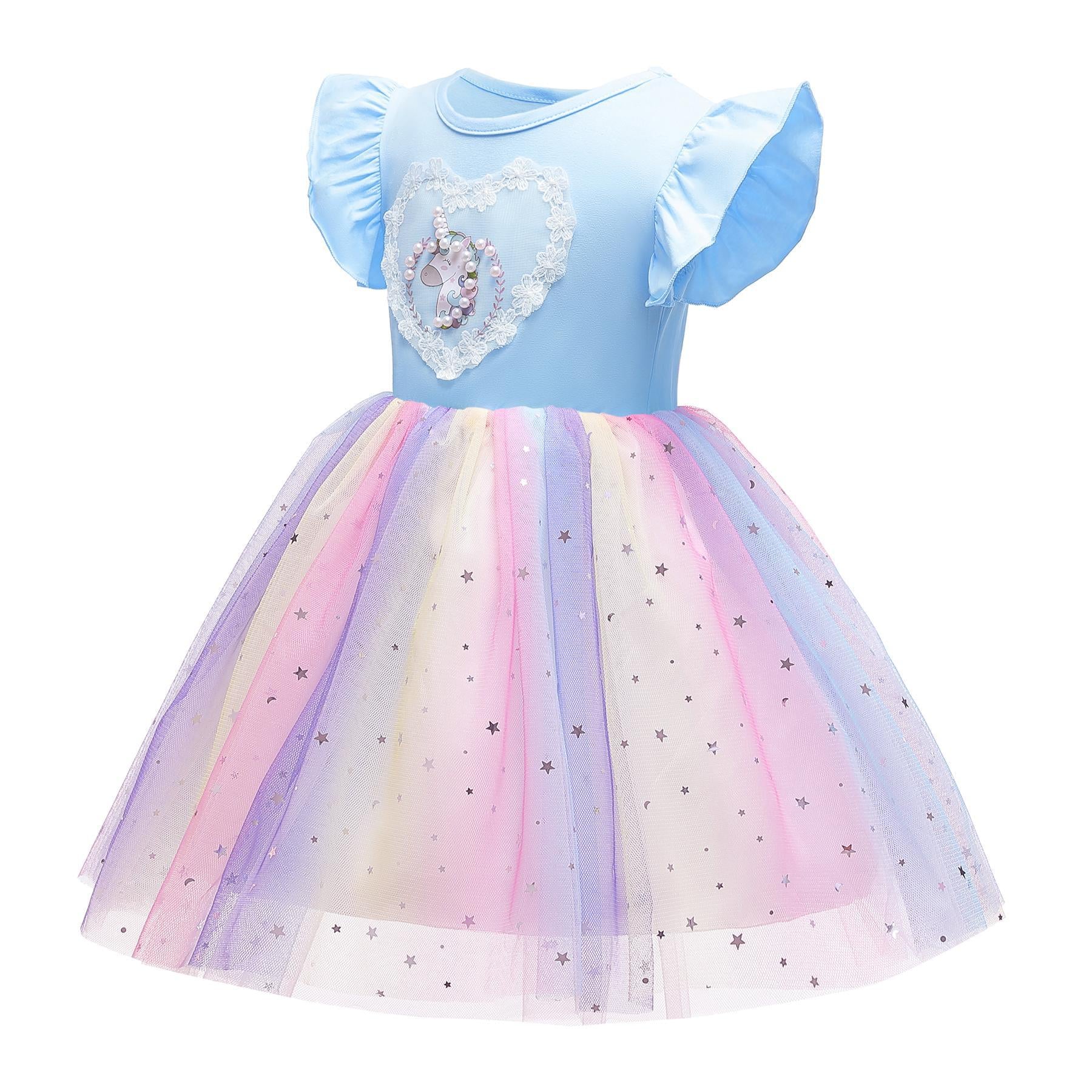2-10Y Kids fashion Baby Girls Dress Summer Thin Section Knitted Unicorn Rainbow Skirt Mesh Princess Dress Catpapa 8131