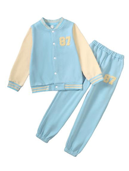 8-12Y Kids Fashion Ready Stock Boys Clothes "87" Baseball Jacket Elastic Pants 2Pcs OOTD Blue catpapa YCF112210451