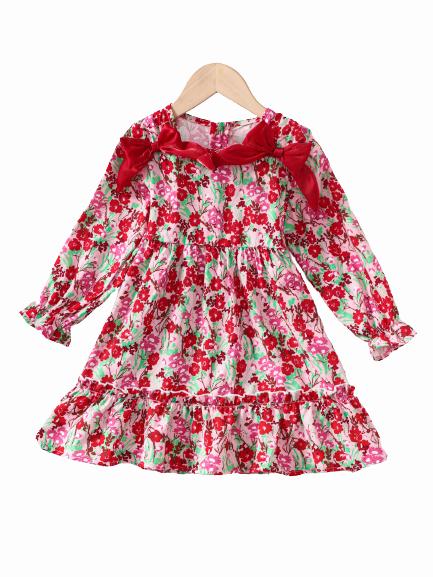 1-8Y Ready Stock Kid Toddler Girls Dress Floral Print Long Sleeve Bow Dress One Piece Casual Dress 1-8Y Red Catpapa  462306309