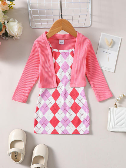 9M-4Y Baby Girls Outfits Barbie Diamond Check Straps Dress Cardigan Coat 2Pcs Nice Apparel Clothes Set Pink Catpapa 462305152/462308157