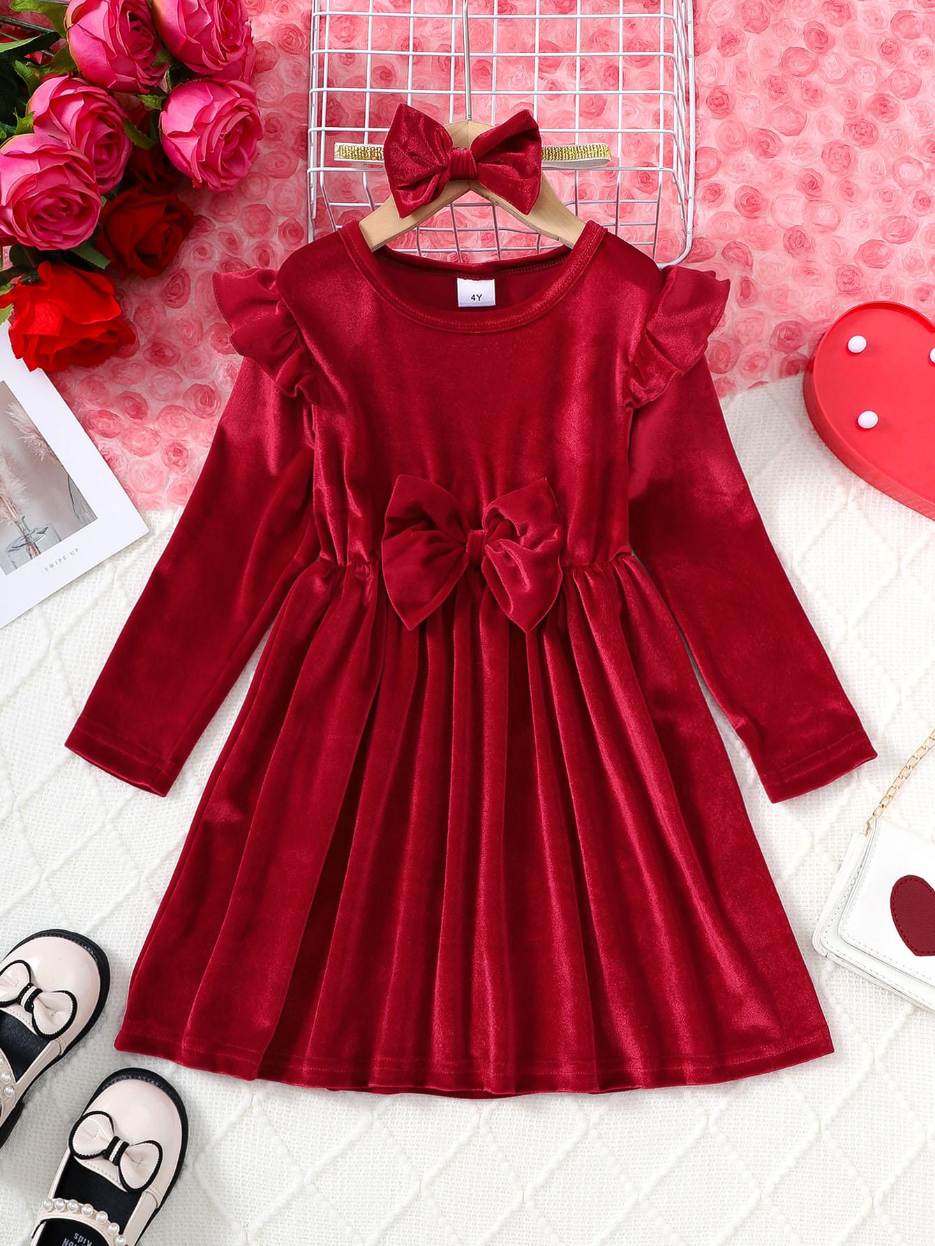 4-6Y Ready Stock 4-6y Toddler Girl's 2pcs Plain Bow Decor Ruffle Trim Long Sleeve Dress & Hair Band Set,Cute Romantic Kids Fall Winter Outfits Red Catpapa 462311005