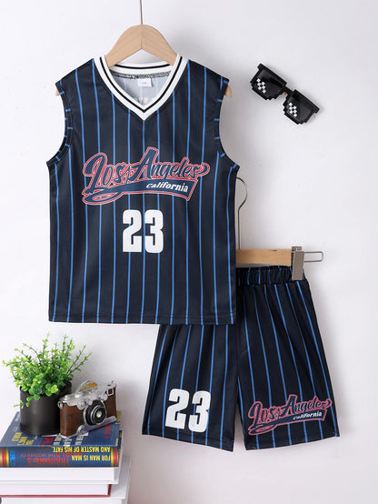 7-15Y Ready Stock  Kid Boys Sport Style Clothes Number Print Stripe Sleeveless Tanks Tops Elastic Shorts 2pcs Casual Outfits Black Catpapa 462312004