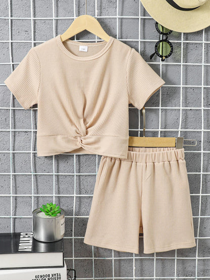 5-14Y Ready Stock Kids Girls Summer Clothes Pure Color Twist Tops Elastic Shorts 2Pcs Outfits Sets Apricot Catpapa 462303023