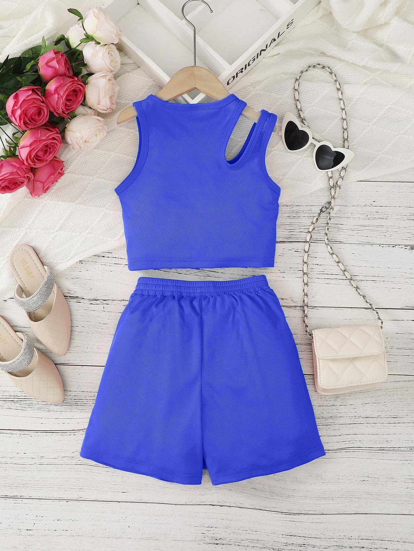 8-14Y  Ready Stock Summer Outfits For Kid Girls Solid Color Sleeveless Irregular Shoulder Hollow Tops Elastic Shorts 2Pcs Ribbed Clothing Sets Rose Red Catpapa 462311012