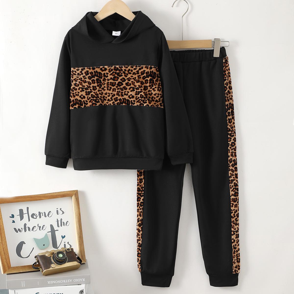 8-14Y Ready Stock 2pcs Girls Chic Clothes Leopard Graphic Hoodie Sweatshirt Top & Casual Side Taping Sweat Pants Trousers Set For Sports Leisure Vacation Outwear Kids Spring Fall Outfit Black Catpapa 462304003