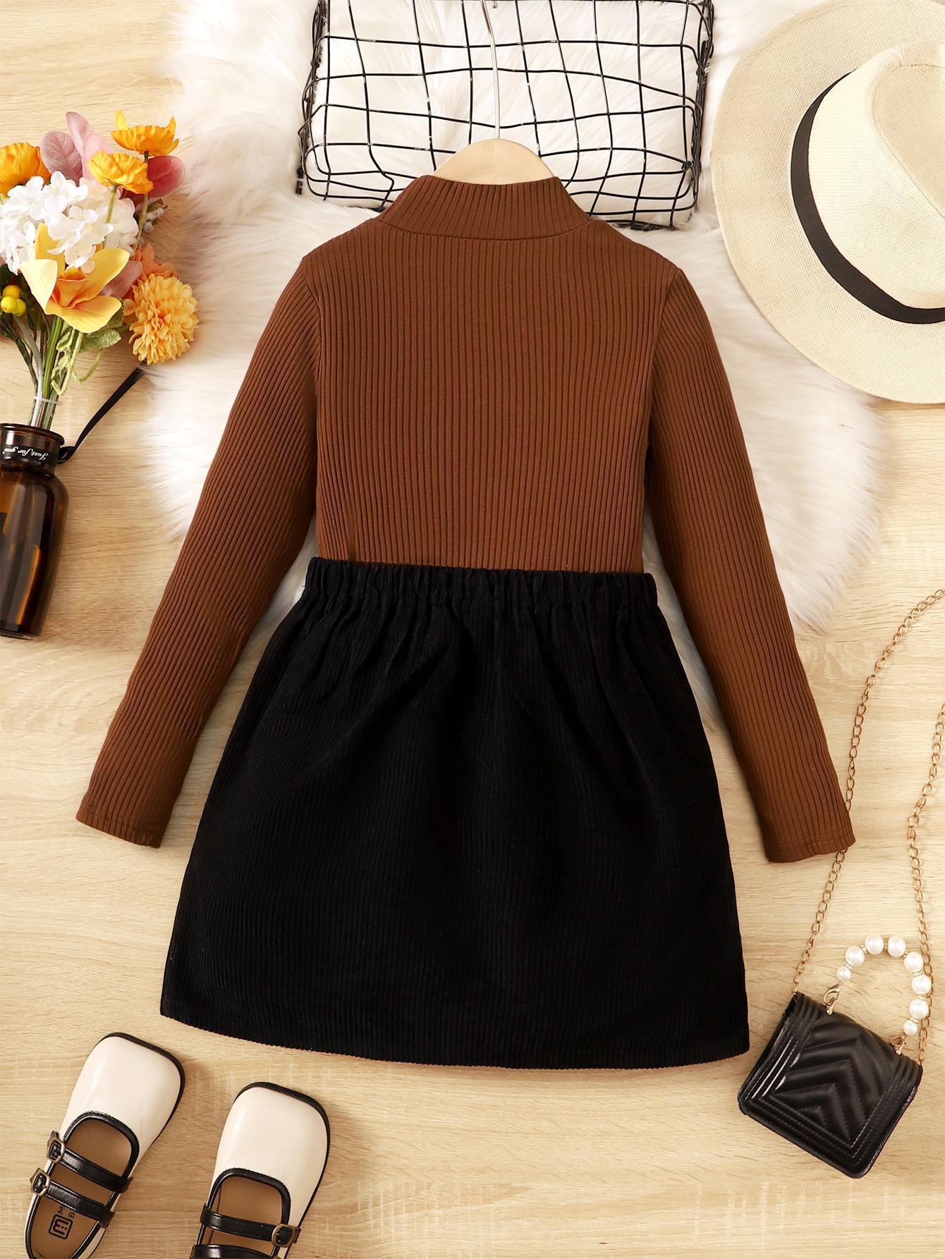5-14Y Ready Stock Kids Clothes Girls Skirts Sets For Spring Autunmu Stand-up Collar Solid Color Tops Button Skirts 2Pcs Clothing From 5Y-14Y Brown Catpapa 462305005