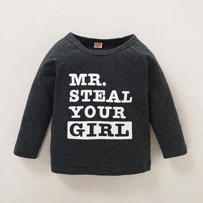 18M-5Y Kid fashion Boys Clothes MR STEAL Letter Print Dark Grey Crew Neck Long Sleeve 2PCS Catpapa  WL20061048-3