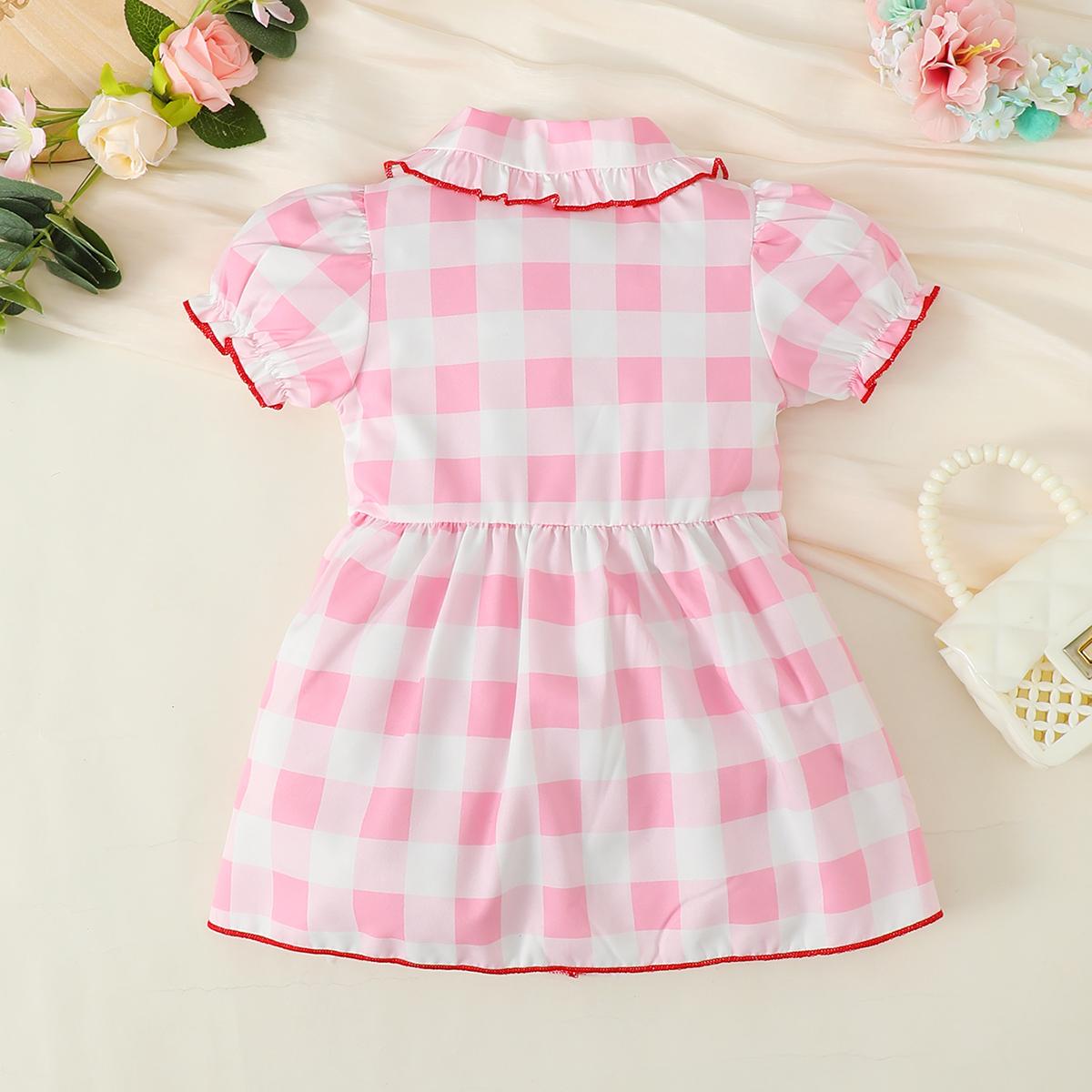 3-24M Ready Stock Baby Girls Dress Checker Print Doll Collar Bubble Sleeve Pocket Dress One Piece Sund Dress Pink Catpapa 312302013