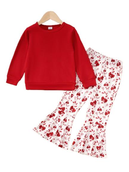 4-7Y Ready Stock Kid Toddler Girls Fall Winter Outfits Pants Sets Solid Color Sweatershirt Tops Elastic Cartoon Print Bell-bottomed Trousers 2Pcs Casual Clothing Size:4-7T Red Catpapa 462309152
