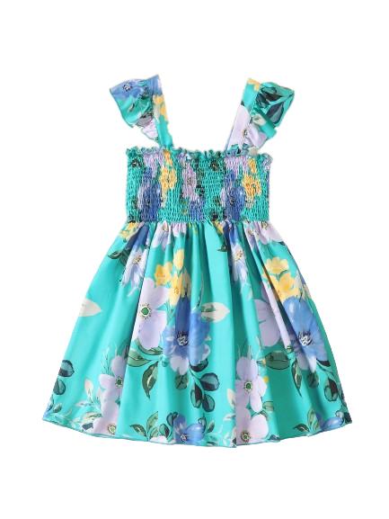 5-14Y Ready Stock Kids Clothes Girls Dress Floral Print Straps For Summer Smocking Dress One Piece Hawaii Style Dress Blue Catpapa 462302016