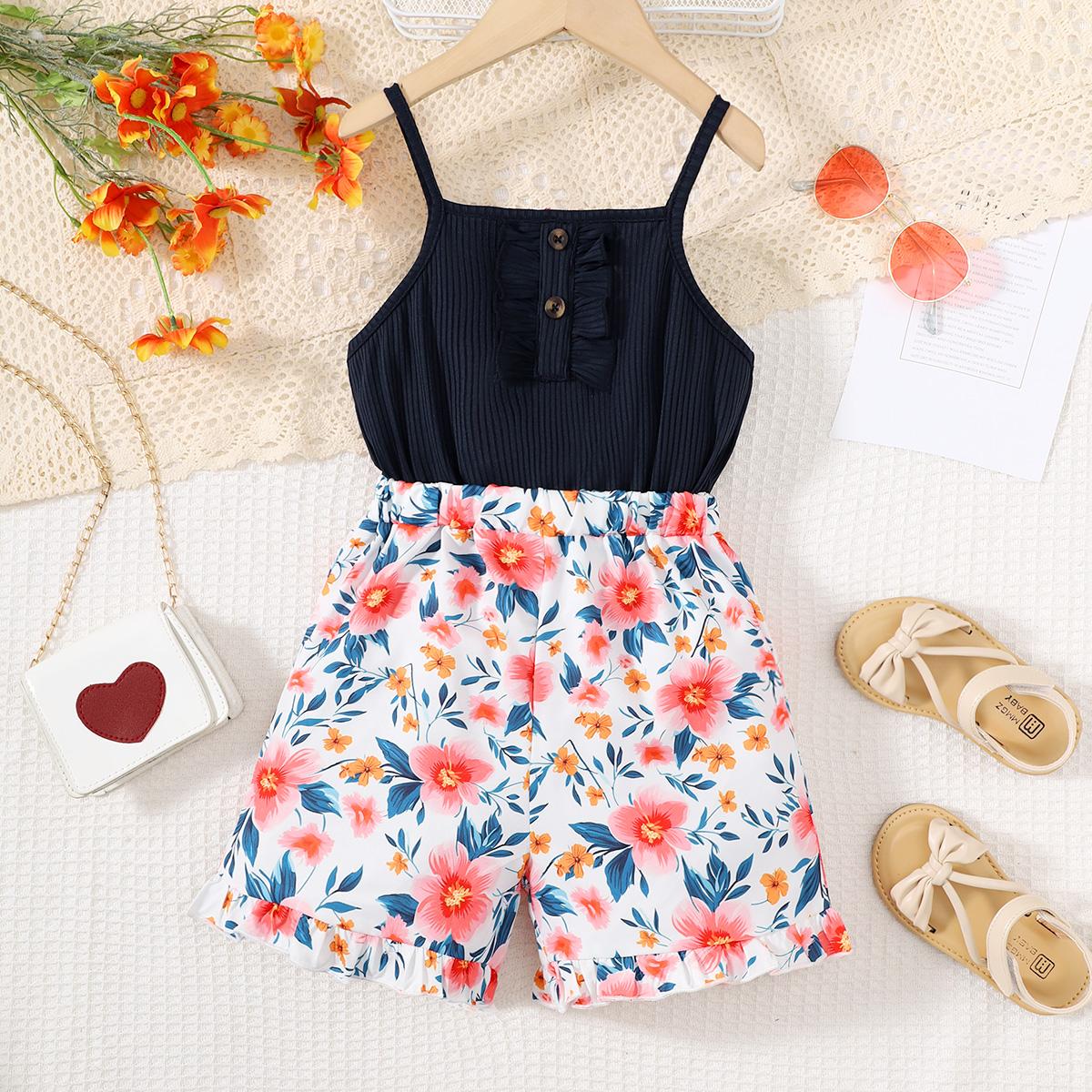 1-8Y Ready Stock 1-8y Baby Girls Jumpsuits Floral Print Straps Sleeveless Playsuits One Piece Overalls For Summer Outdoor Dark Blue Catpapa 132312166