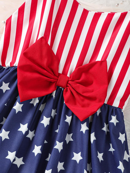 2-7Y Ready Stock Baby Girls Dress Stars and Stripes Bow Straps Dress One Piece Dress For Independence Day Catpapa  623030001