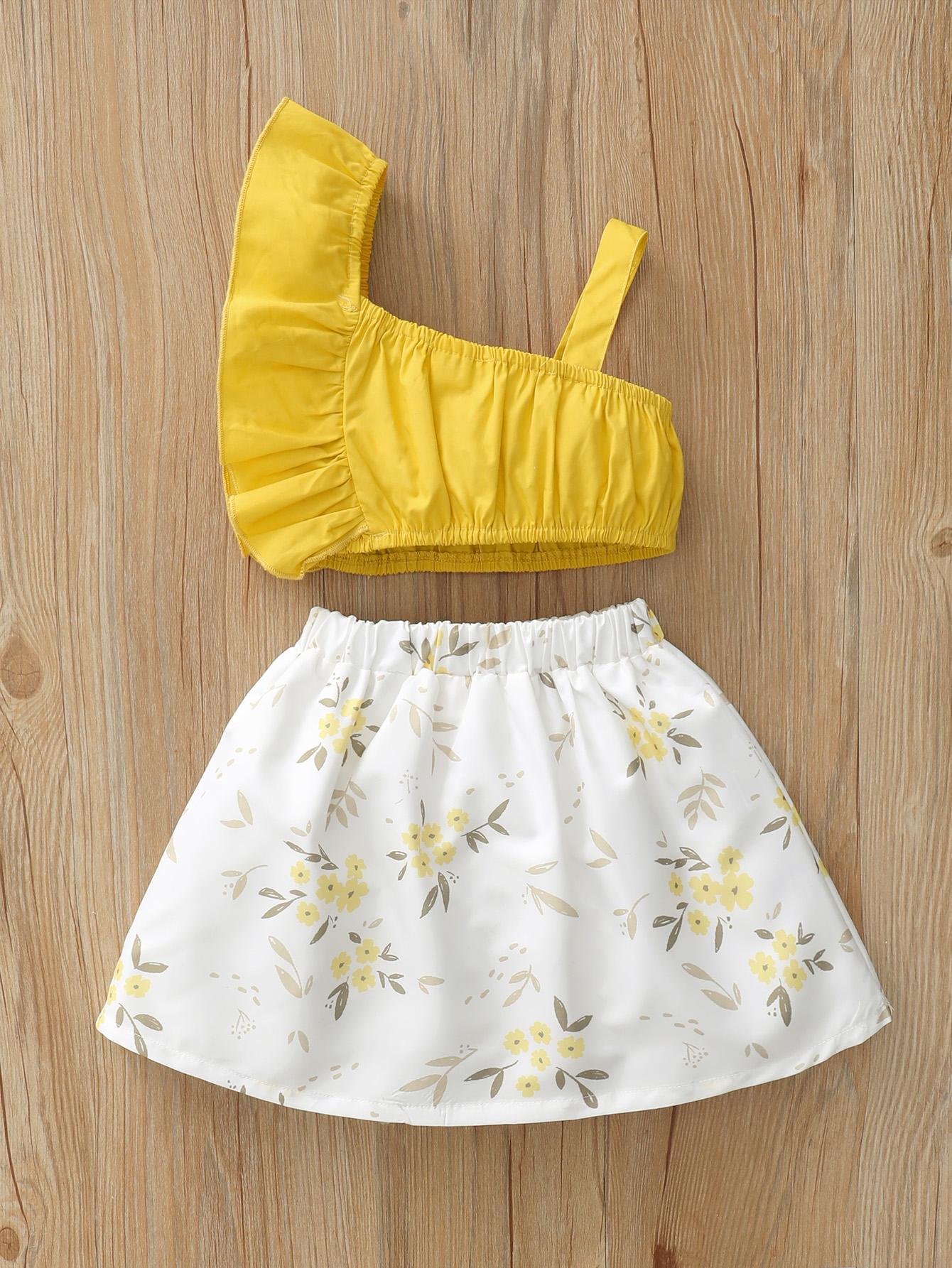 12M-7Y Kids Fashion Girls Clothes One Shoulder Summer Tops Flower Skirts 2Pcs Outfits Yellow catpapa 12110513