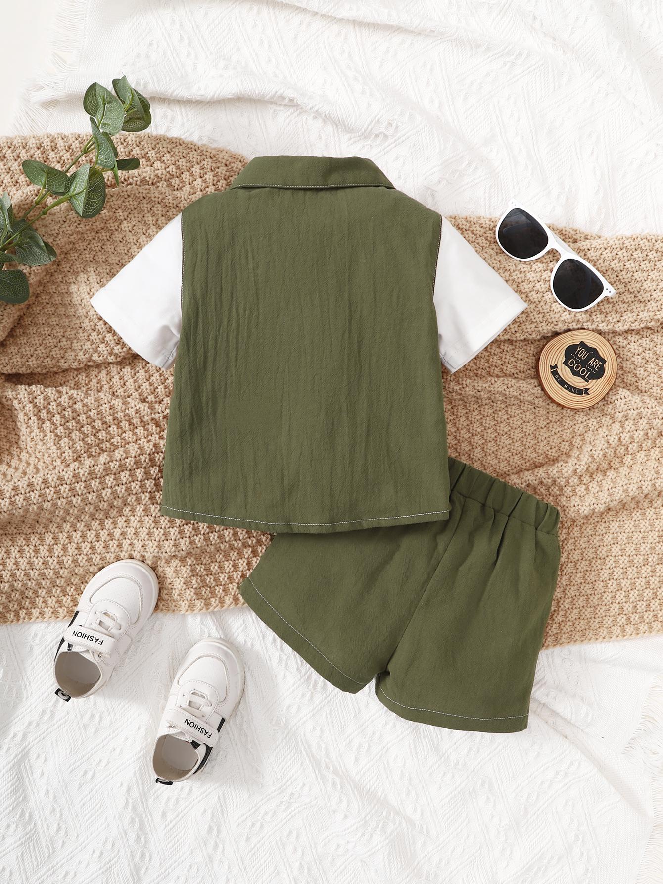 6M-3Y Kids fashion Boys OOTD Ready Stock Fake Two Pieces Turn-down Collar Shirt Elastic Shorts 2Pcs Clothes Set For Summer Catpapa GJ212211454