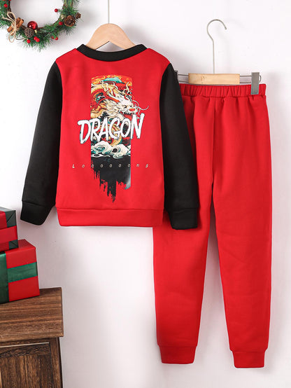 7-15Y Big Boys New Year Pants Sets Dragon Print Colour Block Solid Joggers 2Pcs Clothing For Kids Outdoor Activities Red Catpapa 462312002