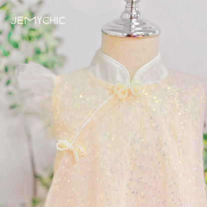 110-150 Ready Stock Girls Princess Dress Ruffle Sleeveless Gauze Sequins Dress One Piece Party Performance Dress White Catpapa JEMY09