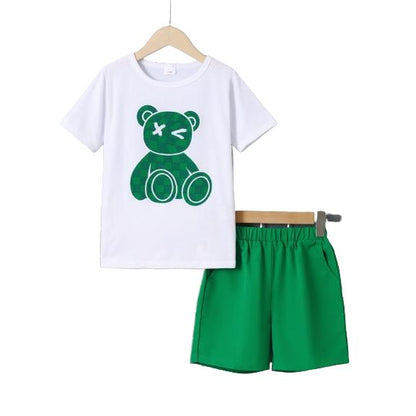 7-15Y Ready Stock Kids Clothes Boys Outfits Shorts Sets Bear Print Shorts Sleeve Tops Elastic Shorts 2Pcs Summer Clothes Set Green Catpapa 462306011