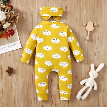 0-12M Kid Fashion Baby Girls Outfits Jumpsuit For Winter Clouds Print Singele Breasted Design Romper Headband 2Pcs Clothes Set Catpapa190013