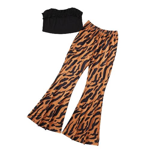 13-16Y Ready Stock 13-16Y Teen Girls Ruffled Strapless Tube Top + Tiger Print Bell-bottomed Pants Spring Autumn Clothes 2Pcs Sets Black Catpapa 462310004