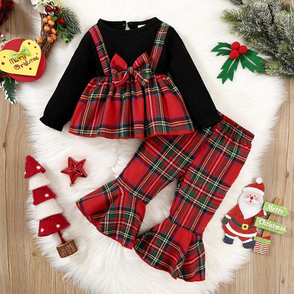 6M-3Y Baby Girl Black Long Sleeve Plaid Flared Pants Suit Girls Christmas Outfit Catpapa 112206601-2