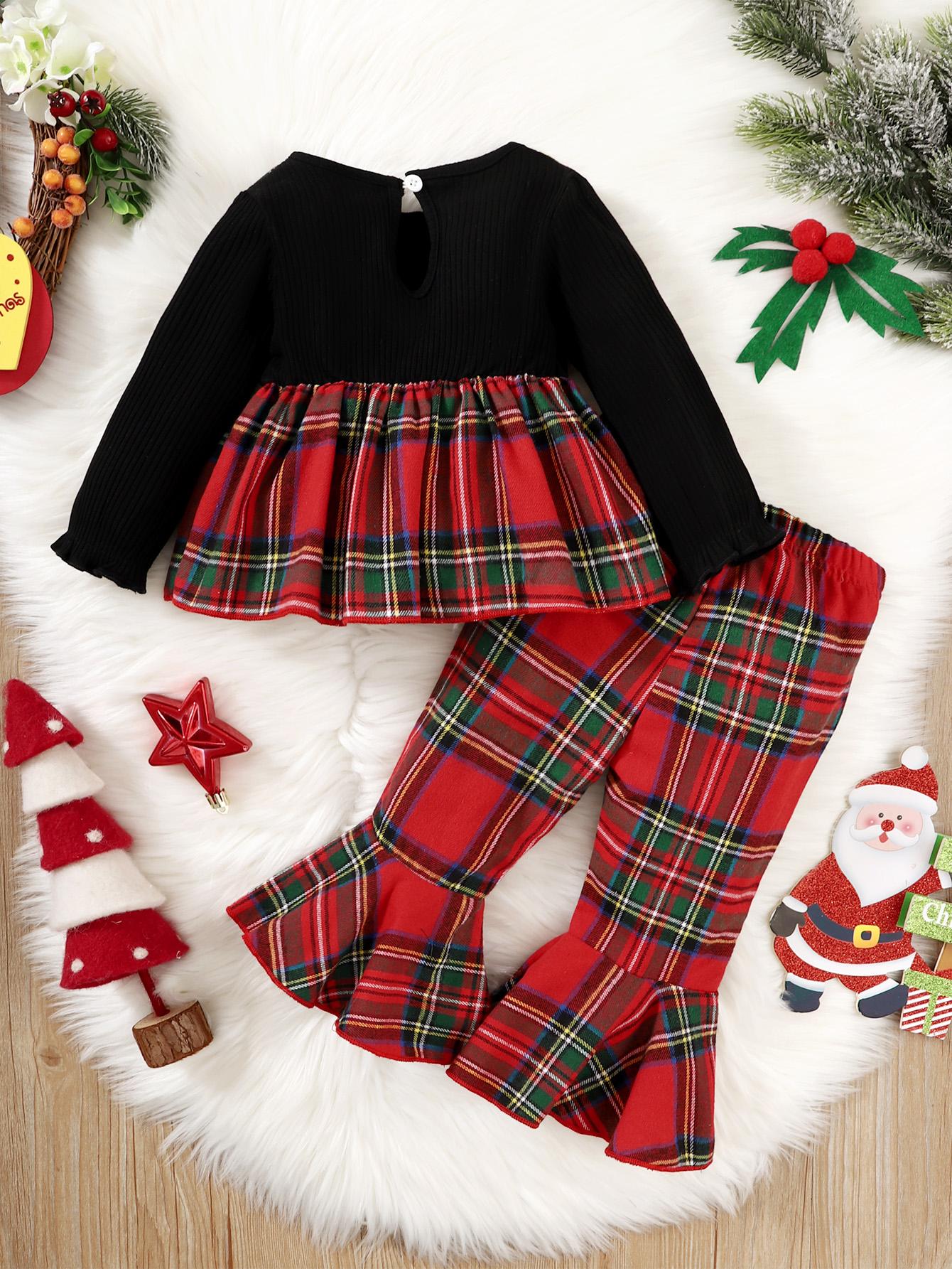 6M-3Y Baby Girl Black Long Sleeve Plaid Flared Pants Suit Girls Christmas Outfit Catpapa 112206601-2