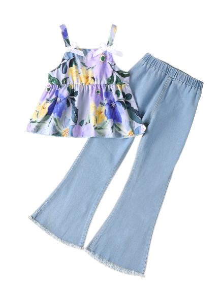 5-14Y Big Girls Clothes Floral Print Summer Straps Tops Washed Demin Pants 2Pcs Outfits Set Blue Catpapa 462302002