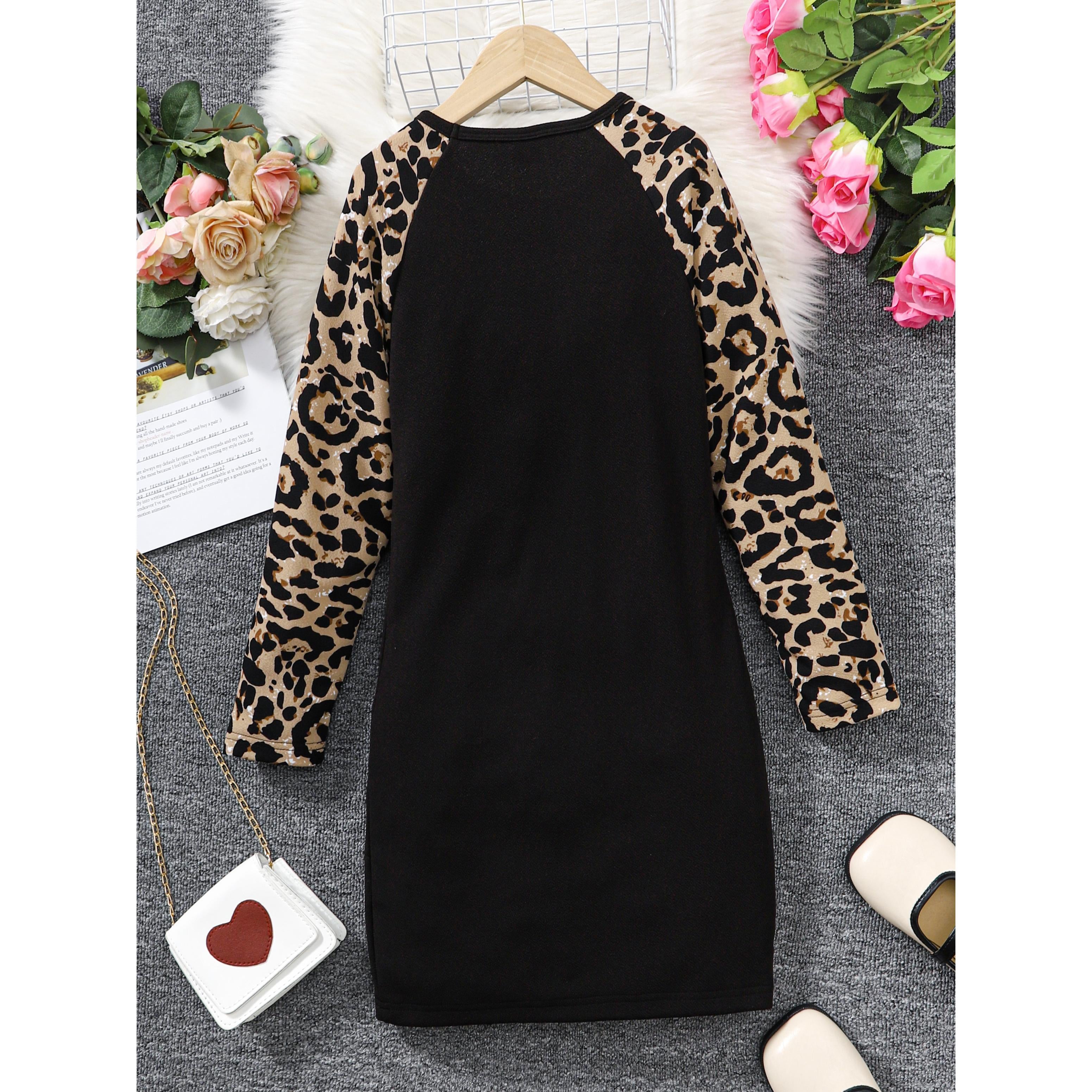 8-14Y Ready Stock Big Girls Dress Long Sleeves Color Block Leopard Splicing Dress For Party Kids Fall Winter Clothes Black Catpapa 462307028