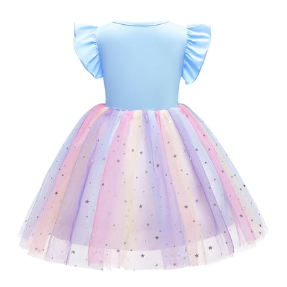 2-10Y Kids fashion Baby Girls Dress Summer Thin Section Knitted Unicorn Rainbow Skirt Mesh Princess Dress Catpapa 8131