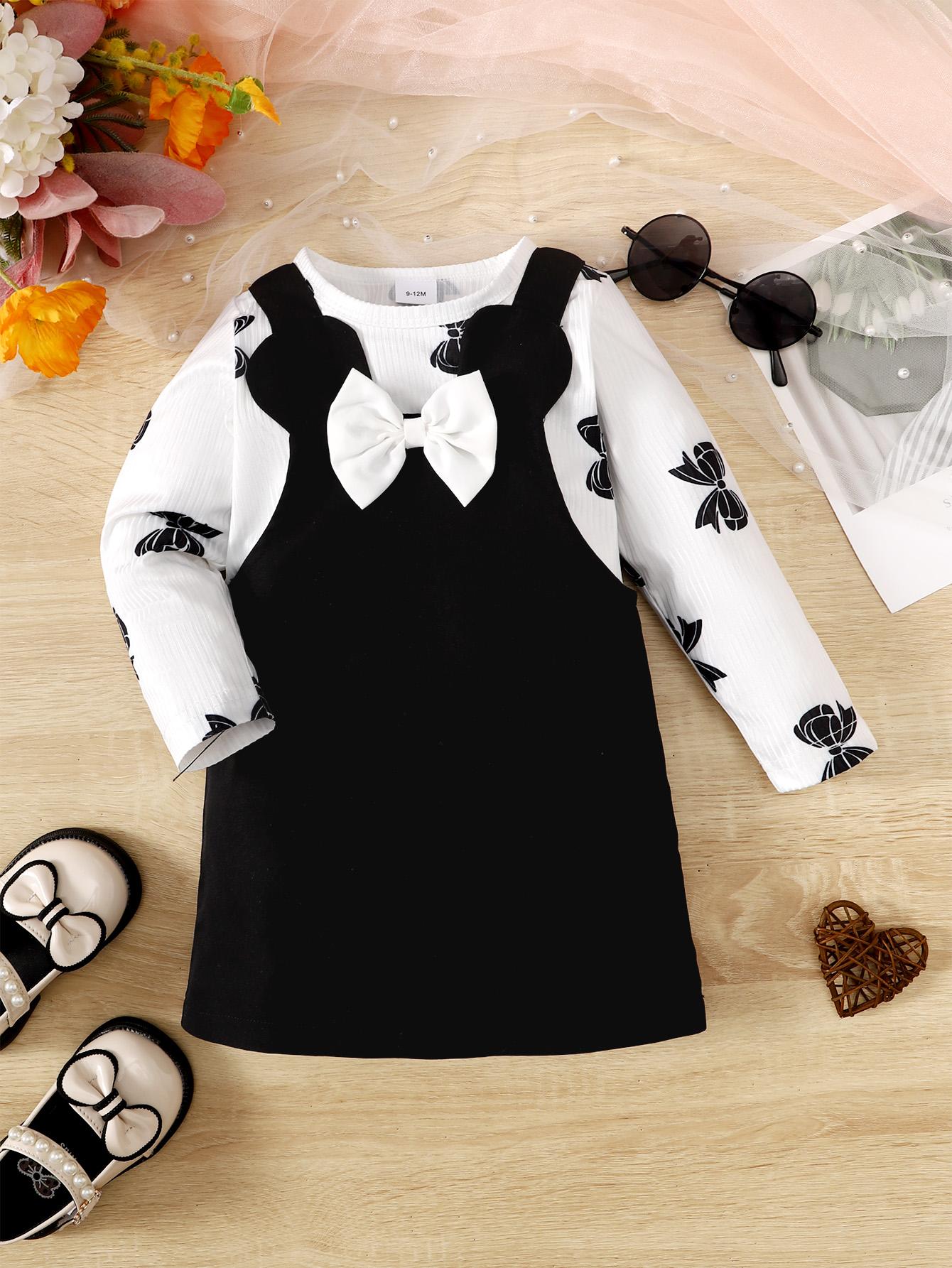 3-24M  Baby Girls Ready Stock Clothes Bow Pattern Print Long Sleeve Tops Straps Suspender Skirts 2Pcs Spring Fall Outfits Black Catpapa 462308302