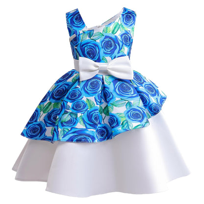 2-10Y Baby Girls Princess Dress Floral Bow Sloping Shoulder Summer Performance Dress One Piece Party Dress Catpapa ZT-8576