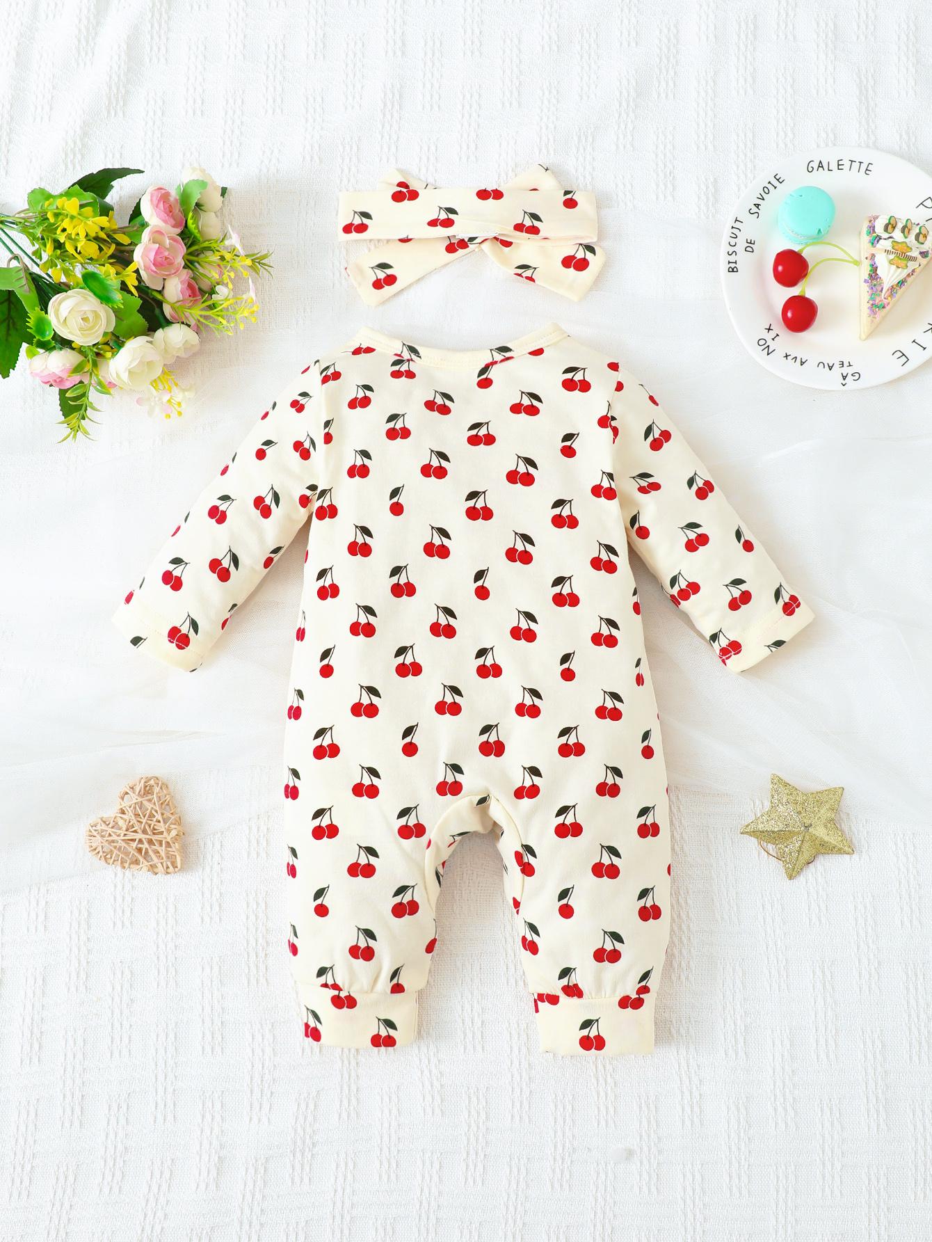 0-9M Ready Stock Baby Girls Clothes Cherry Print Single Breasted Design Romper With Headband 2Pcs Romper Set Apricot Catpapa WJ212211301-1