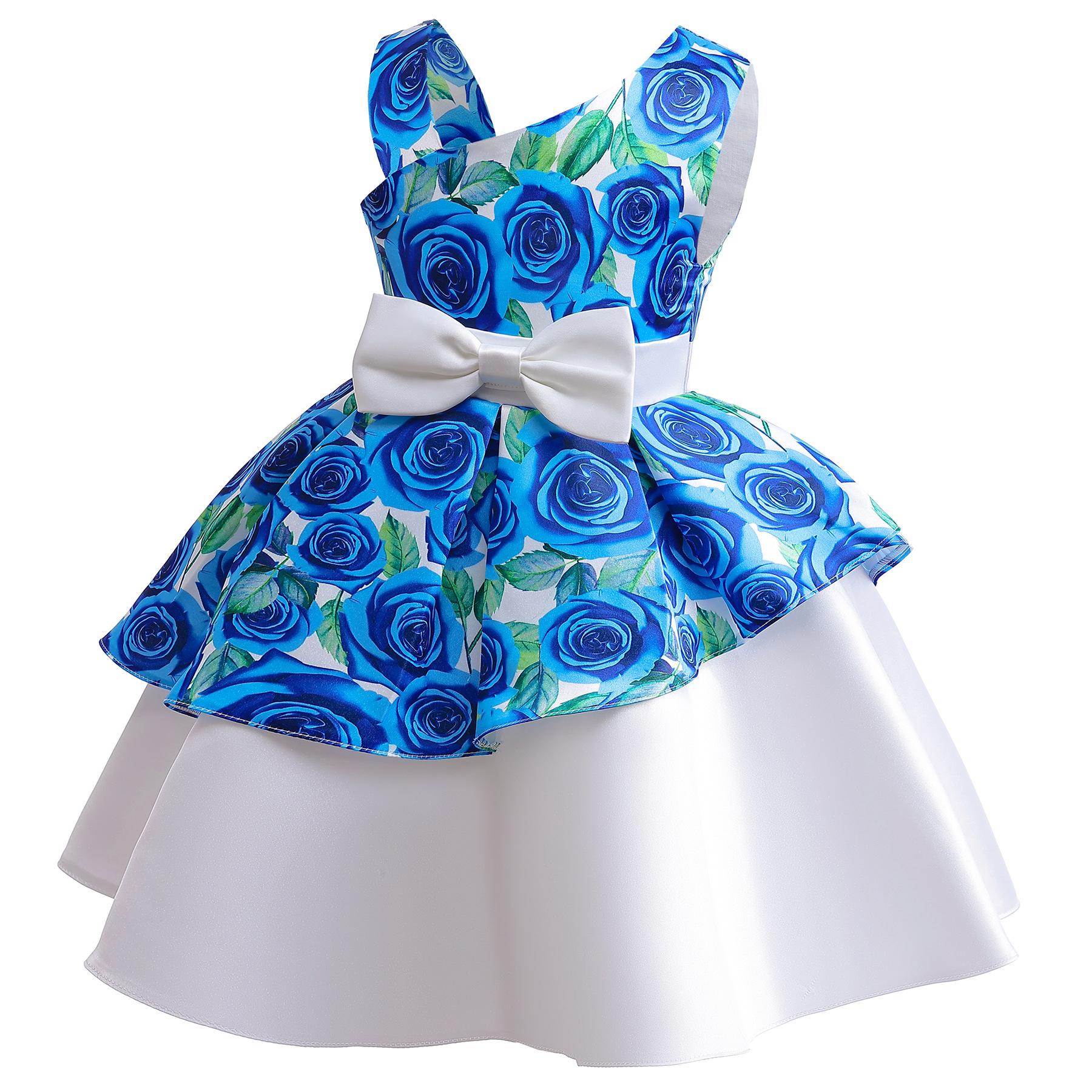 2-10Y Baby Girls Princess Dress Floral Bow Sloping Shoulder Summer Performance Dress One Piece Party Dress Catpapa ZT-8576