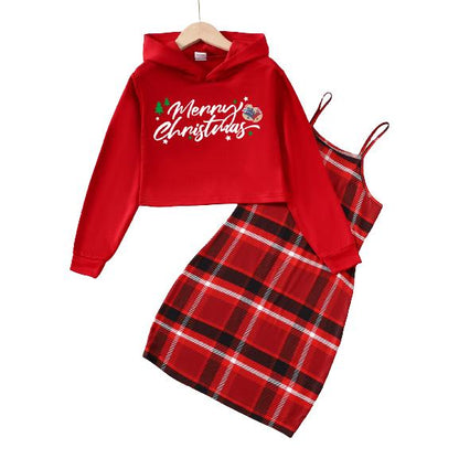 8-14Y  Ready Stock Kids Girls Christmas Outfits Straps Plaid Print Dress Print Letter Graphics Long Sleeve Sweater Hoodies 2Pcs Nice Apparel Clothes Set Red Catpapa 462307023