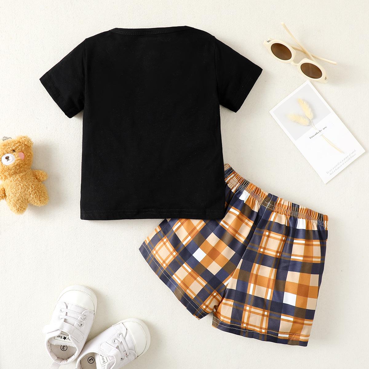 3-24M Kid fashion Boys Outfits Bear Shirt Plaid Shorts 2Pcs Summer Clothes Set Catpapa F112205005