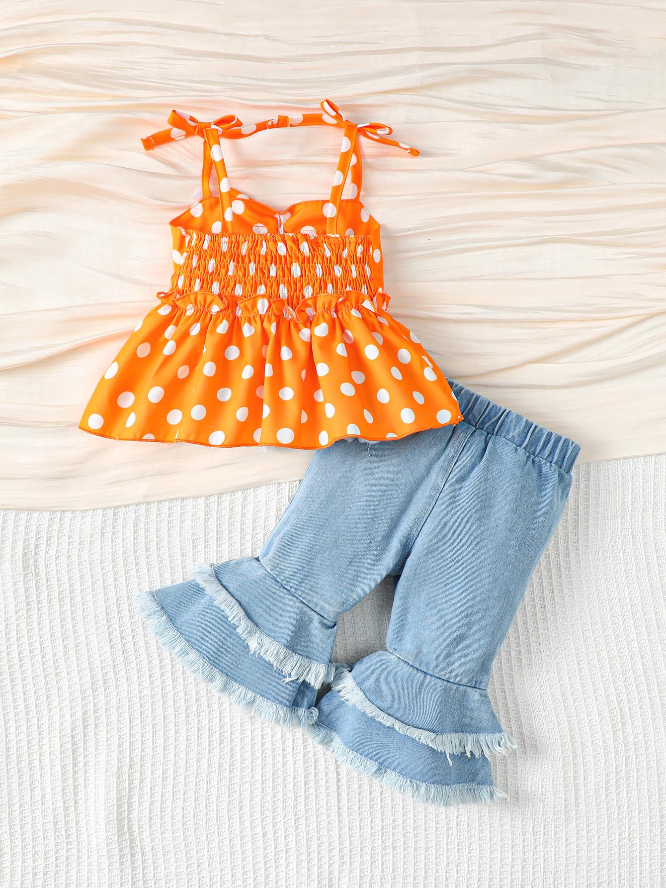 6M-3Y Kids Fashion Ready Stock Girls Clothes Wave Point Print Bow Straps Summer Tops Jeans Bell-bottomed Pants 2Pcs Nice Apparel Outfits Yellow Catpapa 112210153