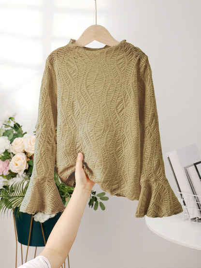 8-14Y Ready Stock 8-14y Big Girls Mock Neck Flare Sleeve Textured Fabric Sweater Elegant Top For Spring And Autumn Apricot Catpapa 462307020