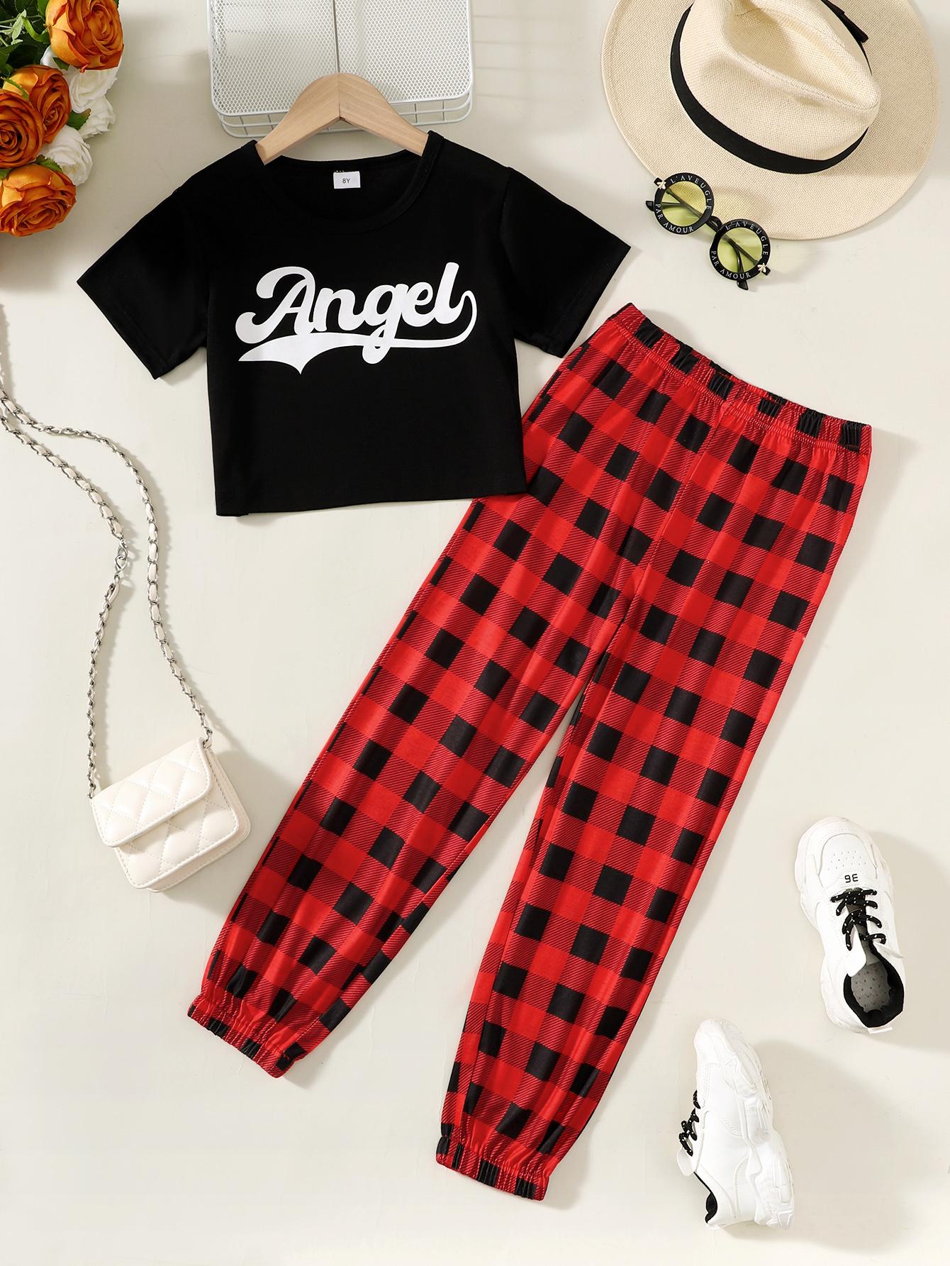 7-14Y Ready Stock Kid Girls Pants Sets "Angel" Letter Print Short Sleeve T-shirt Elastic Plaid Trousers 2Pcs Spring Fall Clothing From 7Y-14Y Red Catpapa 462312012