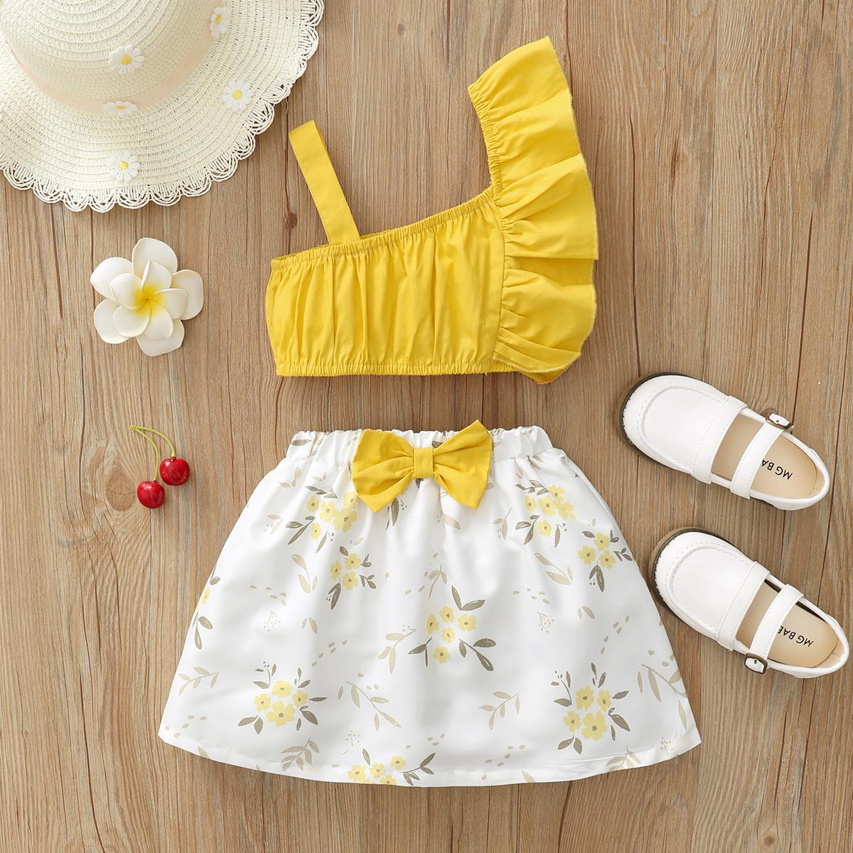 12M-7Y Kids Fashion Girls Clothes One Shoulder Summer Tops Flower Skirts 2Pcs Outfits Yellow catpapa 12110513