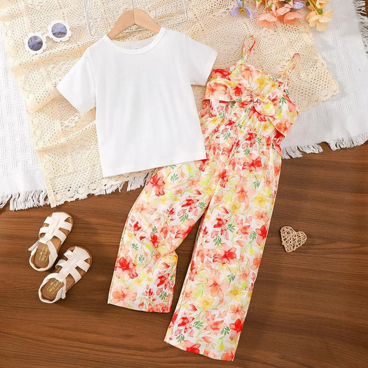 4-7Y Ready Stock 4-7Y Kid Toddler Girls Outfits Short Sleeve Solid Color Casual Tee Floral Print Bow Straps Suspender Pants Sets 2Pcs Clothing White Catpapa 132312174