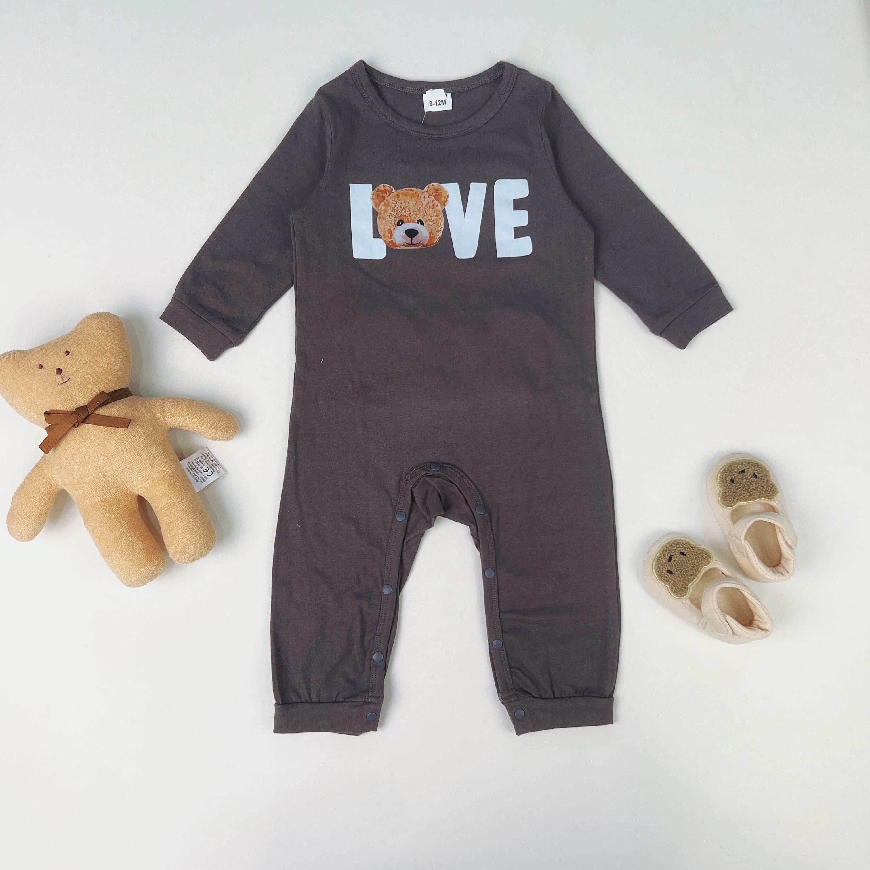 0-18M Ready Stock Baby Boys Romper Letter Print Bear Graphics Jumpsuists Long Sleeve One Piece Bodysuits Gray Catpapa 222120047