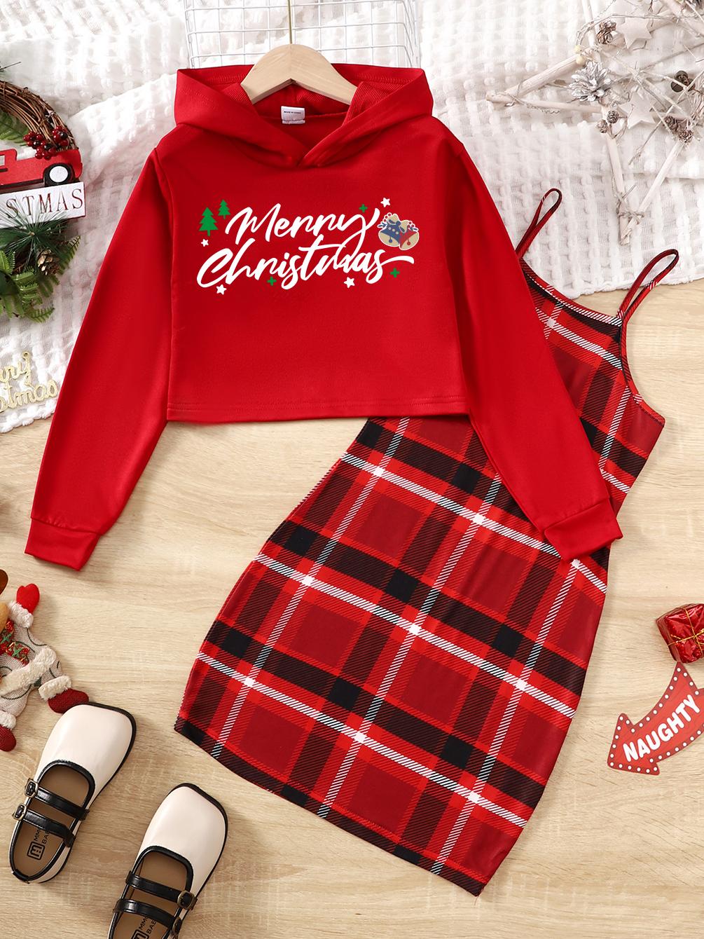 8-14Y  Kids Girls Christmas Outfits Straps Plaid Print Dress Long Sleeve Sweater Hoodies 2Pcs Nice Apparel Clothes Set Red Catpapa 462307023