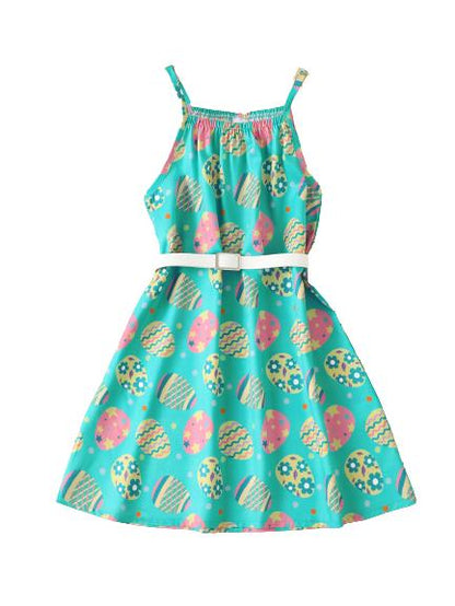 5-14Y Kids Fashion Ready Stock Big Girls Dress Easter Eggs Print Summer Straps Belt Dress One Piece Party Dress For Easter Green Catpapa 623020008