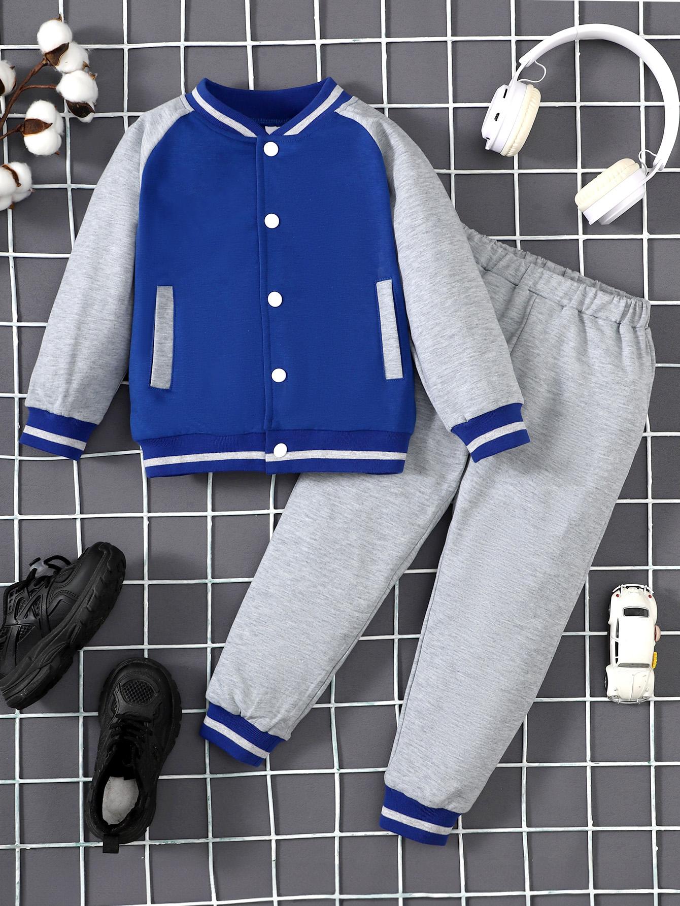 3-8Y Ready Stock 3-8Y Kids Toddler Boys Clothes Color Block Long Sleeve Patchwork Casual Fall Winter Baseball Coat Jacket Knitted Pants 2PCS Outfit Set Blue Catpapa 462308156