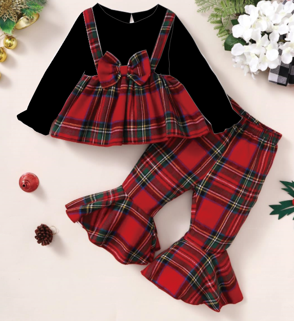 6M-3Y Baby Girl Black Long Sleeve Plaid Flared Pants Suit Girls Christmas Outfit Catpapa 112206601-2