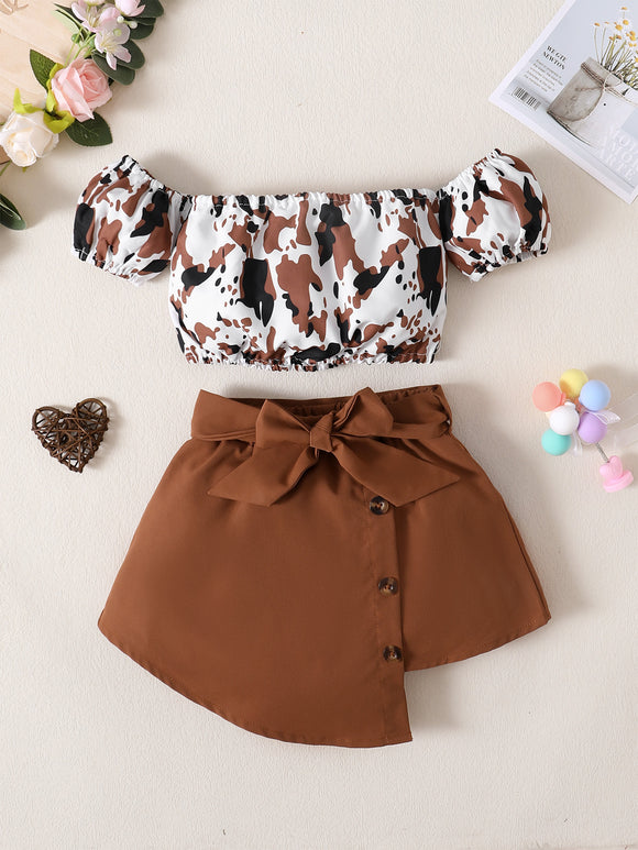 9M-4Y Baby girl one-shoulder short-sleeved brown cow pattern shorts suit baby girl clothes baby girl summer wear Catpapa 122110018