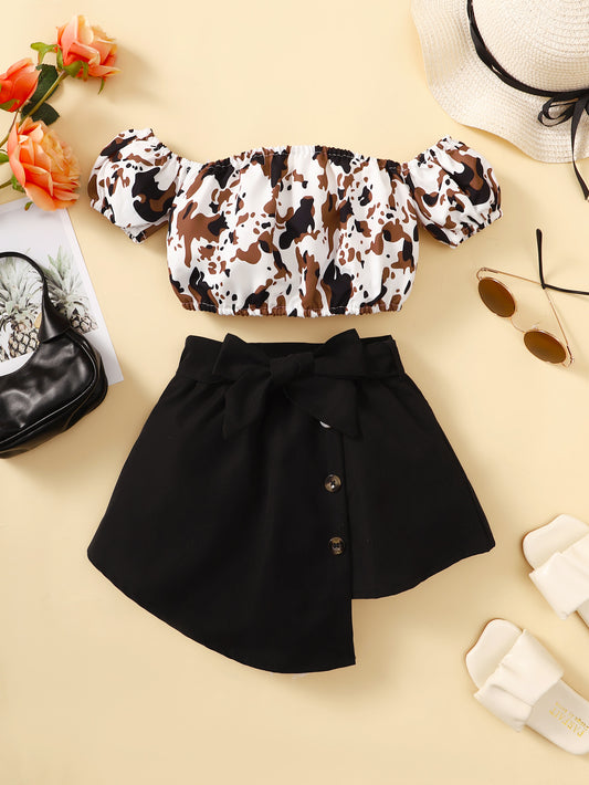 9M-4Y baby girl summer one shoulder puff sleeve black cow pattern skirt suit baby girl clothes Catpapa 122110018-1